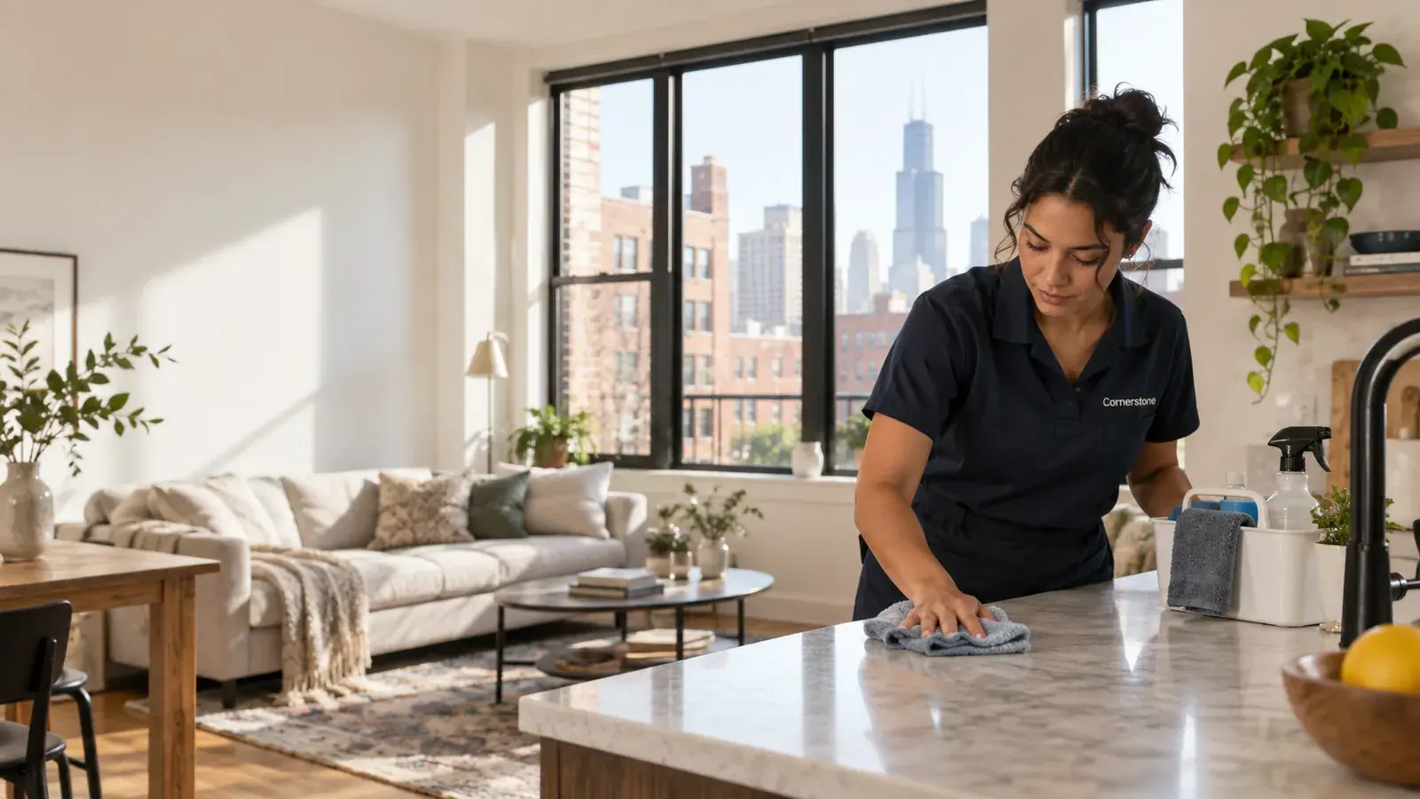 Professional cleaner caring for a bright Chicago apartment living area